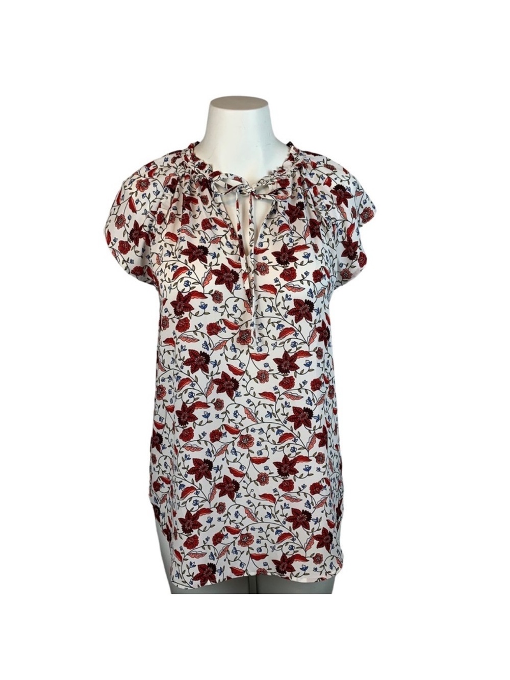 Loft Floral Tie-Neck Cap Sleeve Top - White with Red Floral size M